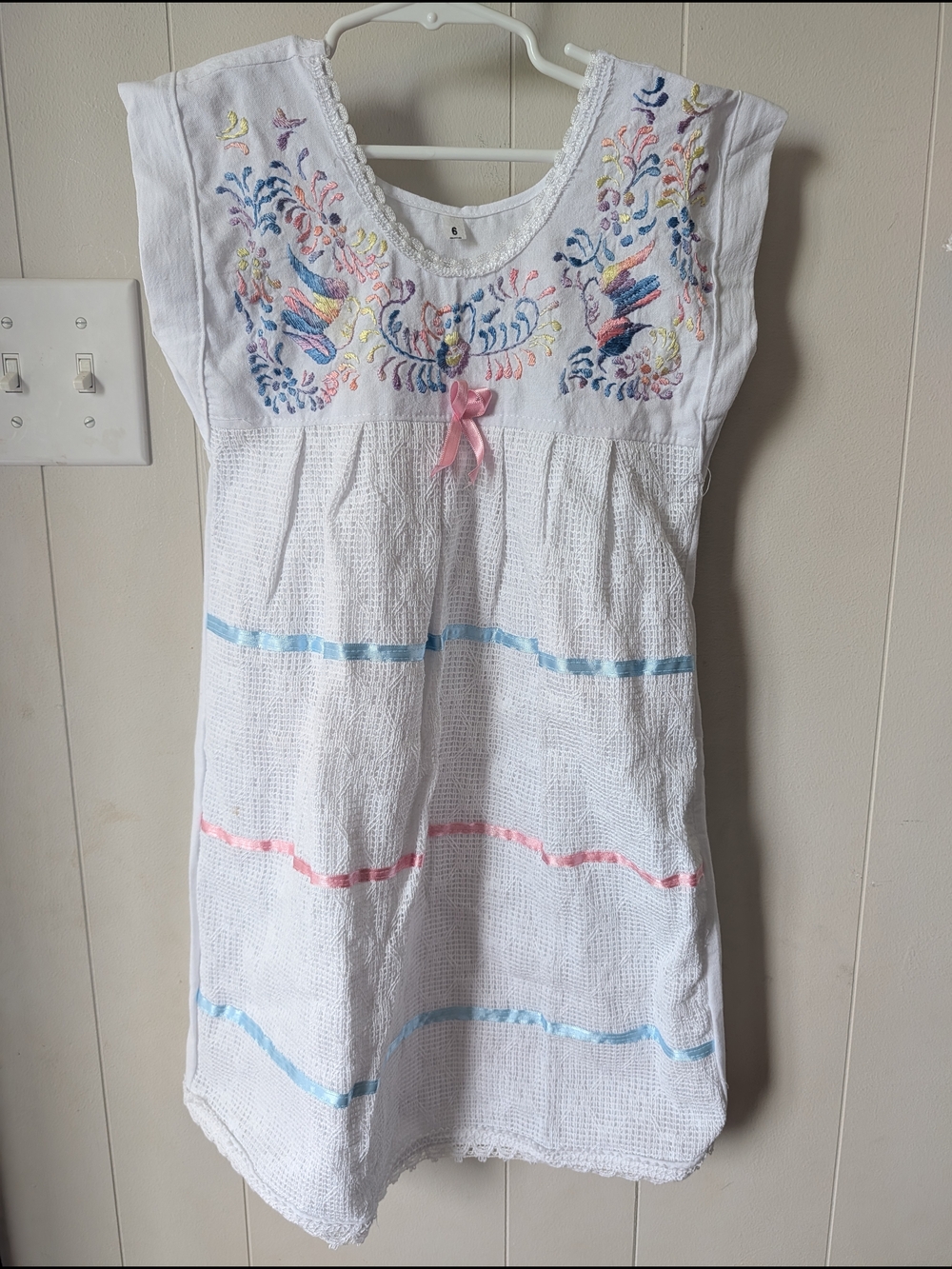Kids White Embroidered Dress with Pastel  Accents